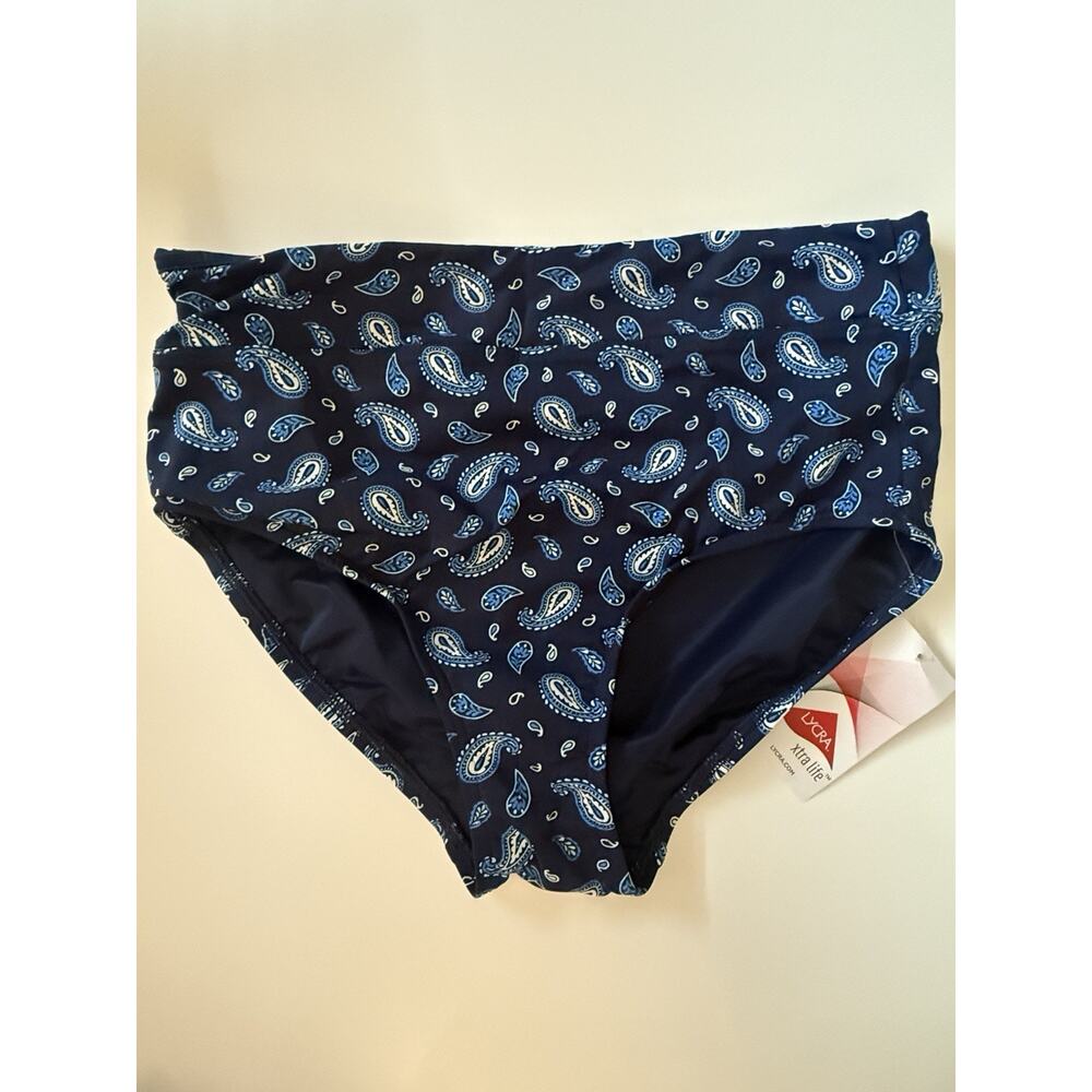 Lands’ End High-Waisted Bikini Bottom Blue Paisley Women’s Size 8 New